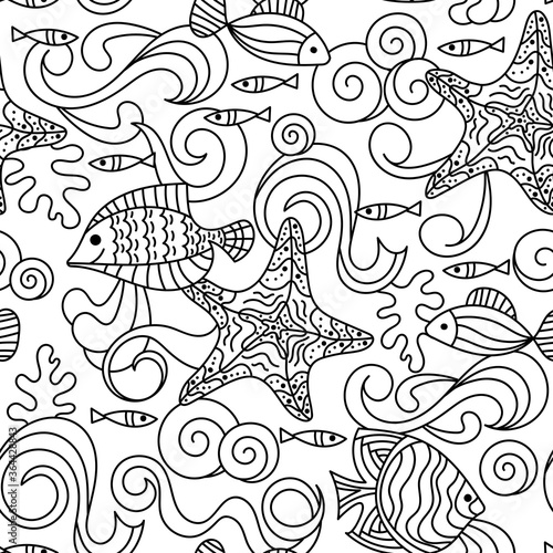 Sea life hand drawn doodle Seamless pattern . Marine vector motif . Underwater world  waves  shells  fish and algae. For fabric  Wallpaper and other surfaces