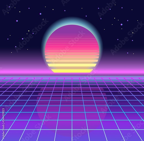 Sunrise, sunset. Retrowave, synthwave, rave, vapor background. Light grid landscape. Yesterday’s tomorrow style. Retro, vintage 80s, 90s. Black, purple, pink, blue colors. Banner, print, wallpaper