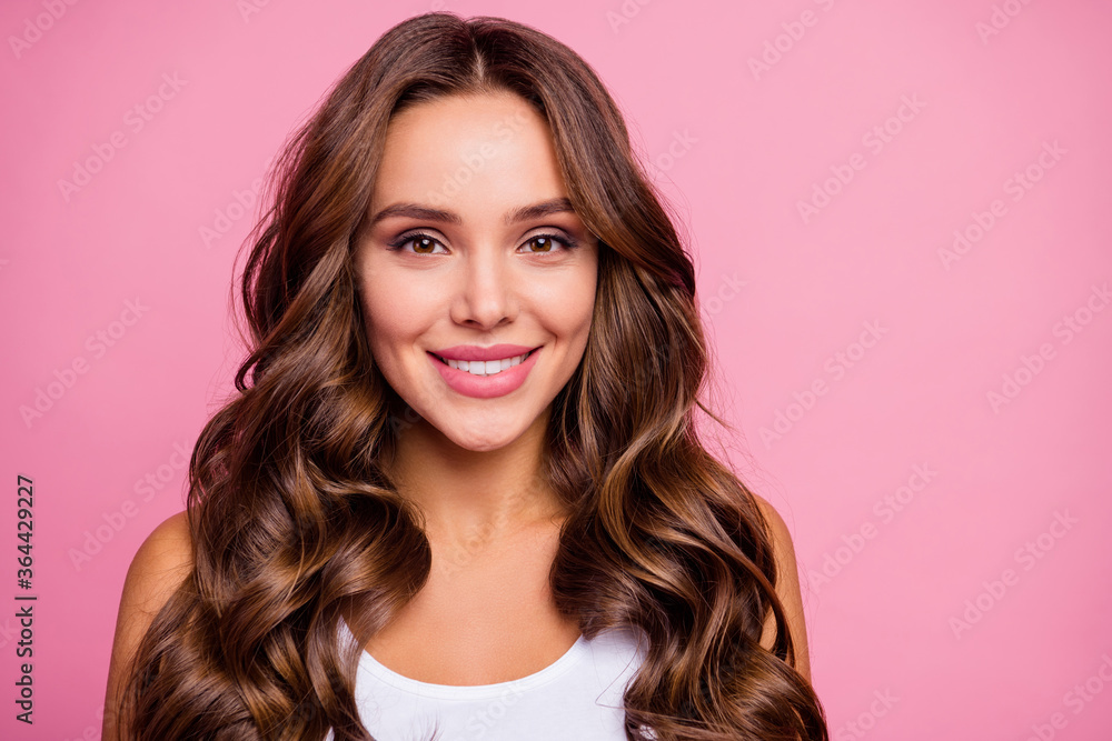 Closeup photo of pretty wavy lady cheerful perfect groomed appearance toothy beaming smiling good mood wear white casual singlet isolated pink color background Closeup photo of pretty wavy lady cheerful perfect groomed appearance toothy beaming smiling good mood wear white casual singlet isolated pink color background