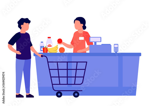Purchase of goods at checkout counter. Man buys groceries in store. Retail food, shop. Basket for buyer with food. Vector flat illustration