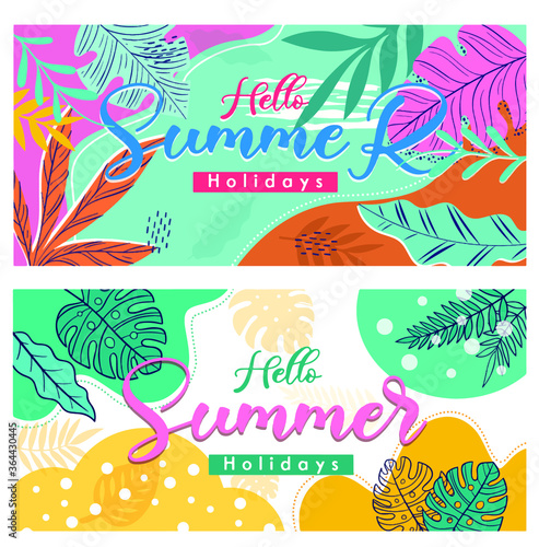 Summer banner vector set  backgrounds with copy space for text  have green color and pink color with some  yellow color  leaf  design by global stock image dot com