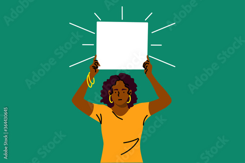 Protest, activism, discrimination, banner concept. Young serious african american woman activist protester holding empty blank poster placard. Racial intolerance and black lives matter illustration.
