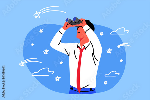 Business, goal, search, imagination, obseravtion, goal concept. Young businessman clerk manager character looking thrugh binoculars searching for solutions. Imaginative mindset and purpose achievement