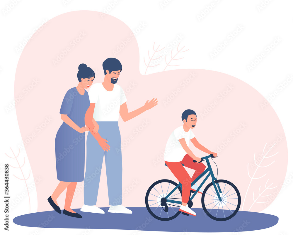 Parents are happy that the child has learned to ride a bicycle. A teenager rides a bicycle. A couple stands embracing. A happy family. Flat vector illustration.
Parents are happy that the child has learned to ride a bicycle. A teenager rides a bicycle. A couple stands embracing. A happy family. Flat vector illustration.