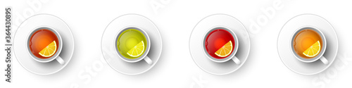 Realistic 3d cup of hot aromatic tea set. A teacup with green, black, herbal rooibos red tea with lemon, saucer top view isolated on white. Vector illustration for web, menu, app, design