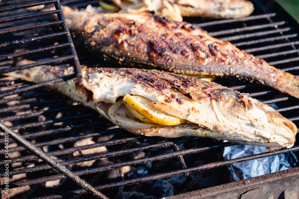 Grilled Sea Bass on a charcoal grill