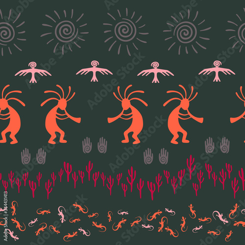 Traditional, design with trickster god, swirl icons on human palm, sun, eagle.