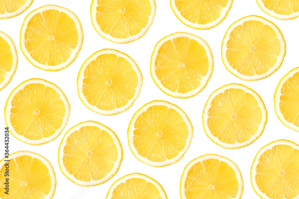 Fresh organic yellow lemon slices isolated on white background .  Lemon seamless pattern texture for nature background. Top view. Flat lay.