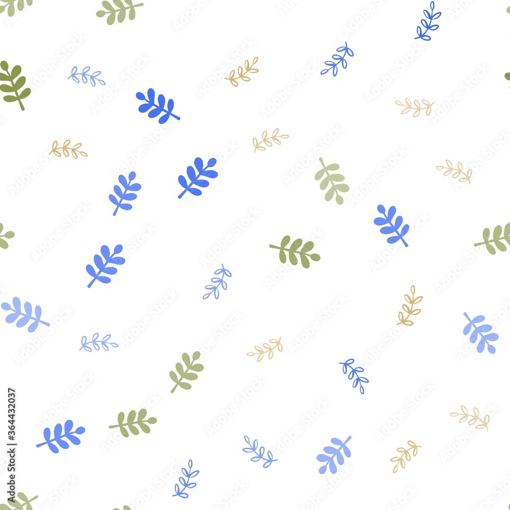 Light Blue, Green vector seamless abstract backdrop with leaves. New colorful illustration in doodle style with leaves. Texture for window blinds, curtains.
