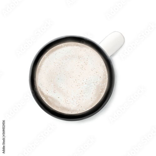 Illustration of a mug of hot coffee drink with milk top view on a white isolated background. It can be used for decoration of textile, paper and other surfaces.
