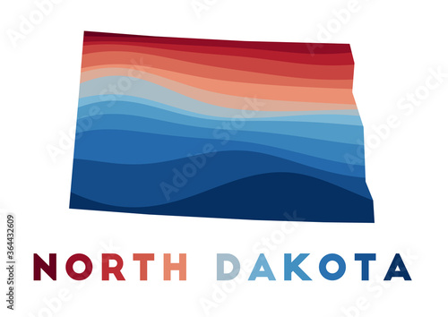 North Dakota map. Map of the us state with beautiful geometric waves in red blue colors. Vivid North Dakota shape. Vector illustration.