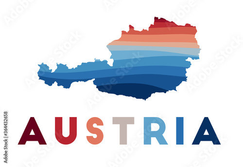 Austria map. Map of the country with beautiful geometric waves in red and blue colors. Vivid Austria shape. Vector illustration.