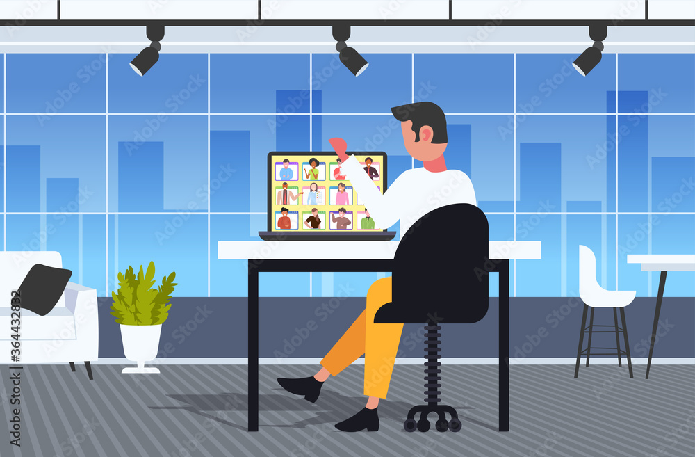 Obraz premium businessman having online briefing or consultation during video call remote work quarantine isolation concept business man usilng laptop at workplace office interior full length vector illustration