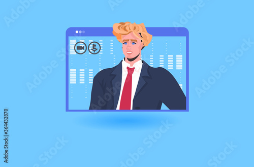 businessman having online briefing or virtual conference during video call remote work quarantine isolation concept man worker in web browser window portrait vector illustration