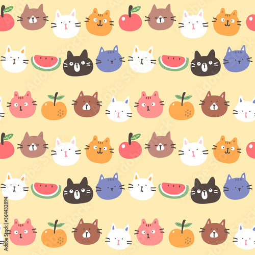 Seamless Pattern of Cartoon Cat Face and Fruit Design on Yellow Background
