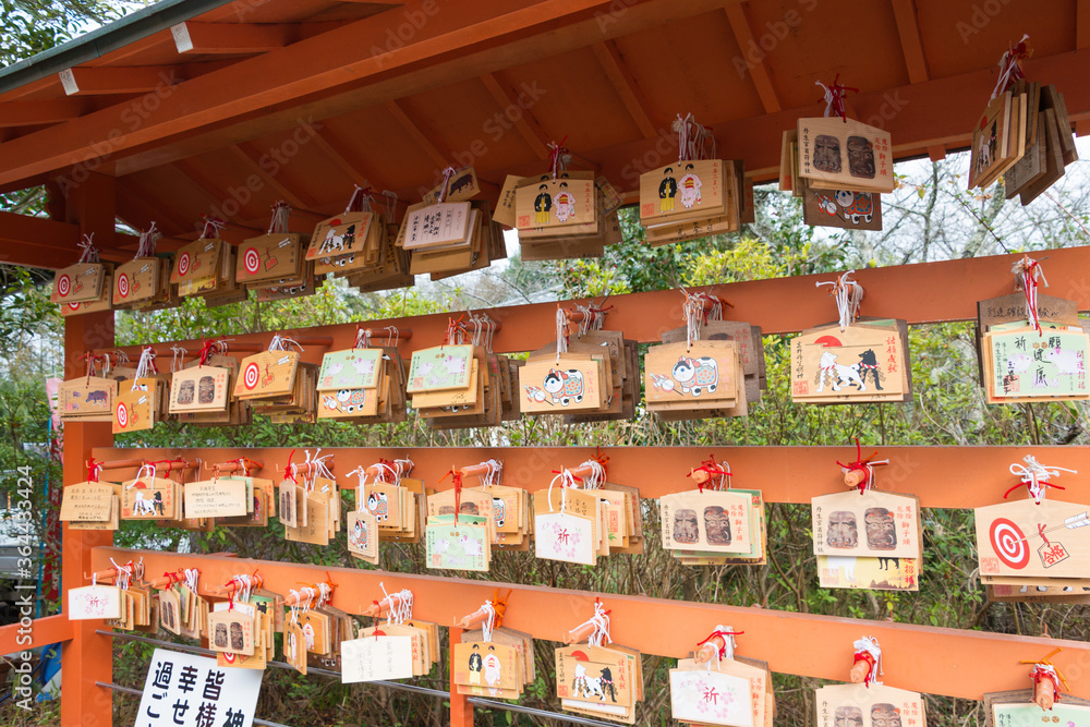 Obraz premium Traditional wooden prayer tablet (Ema) at Niukanshofu Shrine in Kudoyama, Wakayama, Japan.