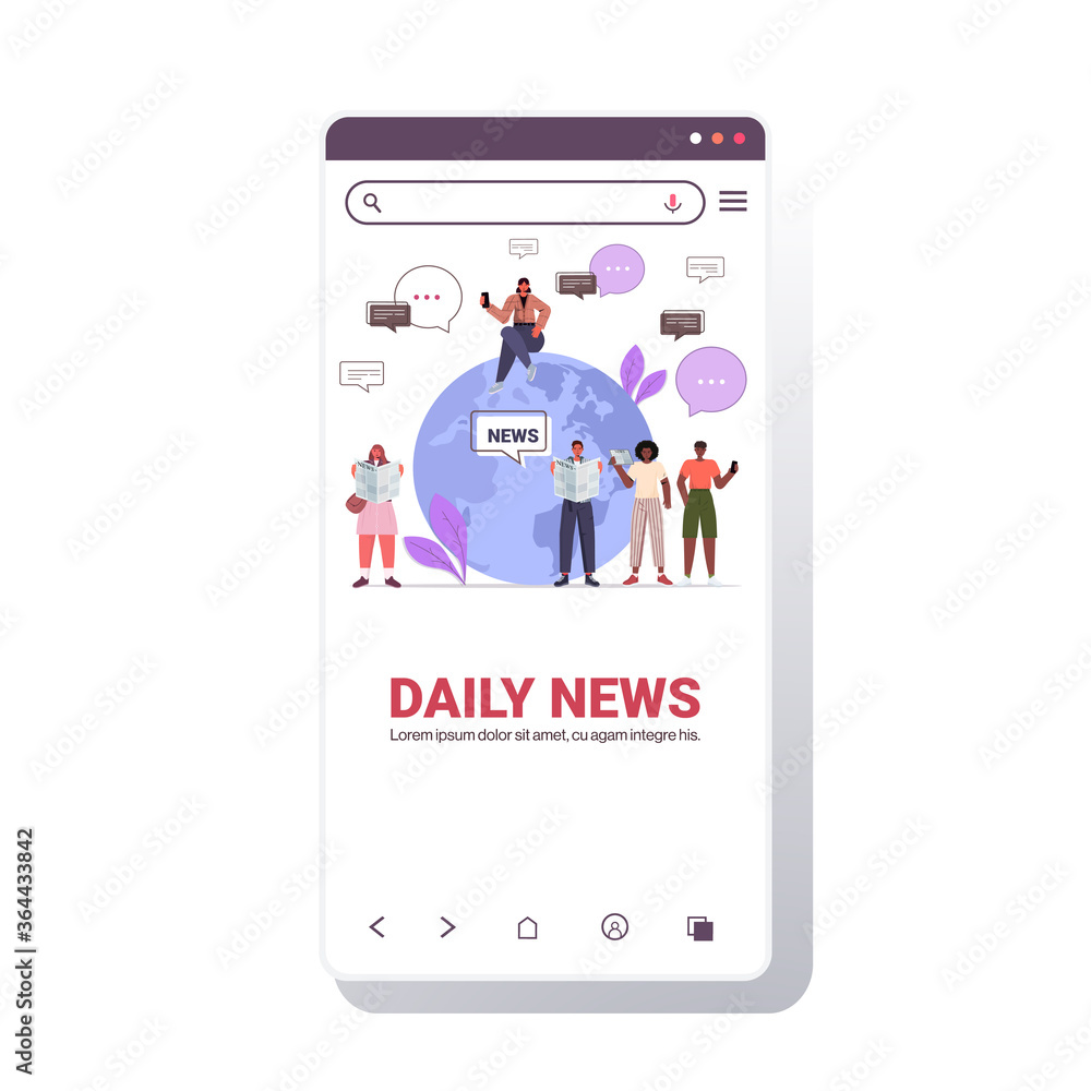 mix race people near globe reading newspapers and discussing daily news chat bubble communication concept smartphone screen mobile app copy space vector illustration mix race people near globe reading newspapers and discussing daily news chat bubble communication concept smartphone screen mobile app copy space vector illustration