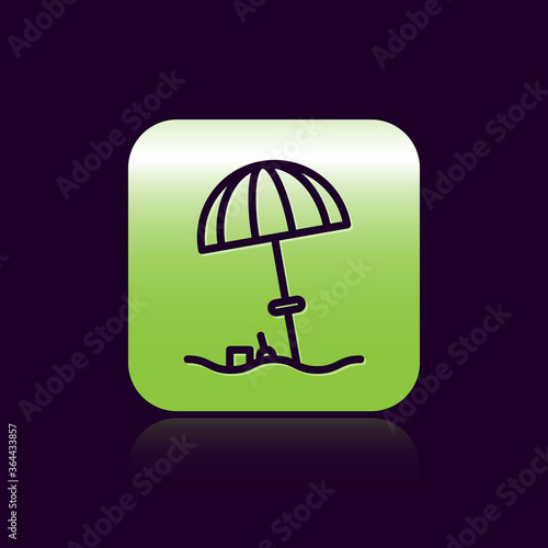 Black line Sun protective umbrella for beach icon isolated on black background. Large parasol for outdoor space. Beach umbrella. Green square button. Vector Illustration.