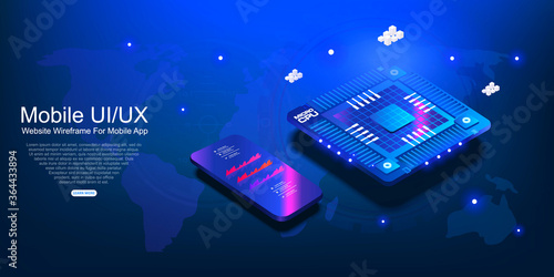 Futuristic microchip processor with mobile phone on dark blue background with lights. Blockchain technology of the future. Cryptocurrency Management Mobile Computing Processor