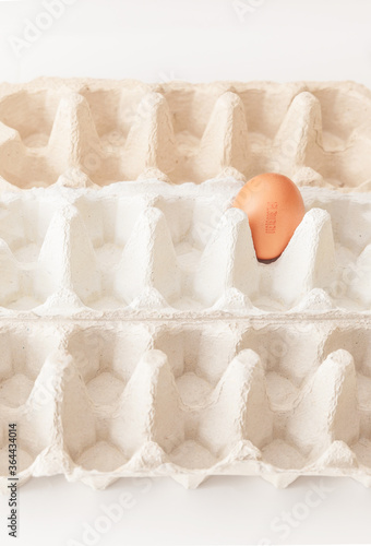 One egg with a number in empty cartons symbolizing mass production, white background
