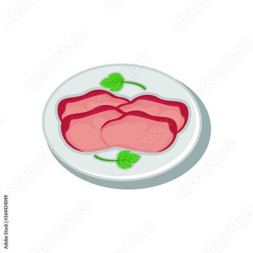 Pork Loin sliced on red plate,pork meat for Japanese grill, korean grill, thai pan bbq grill. Drawing illustration vector.
