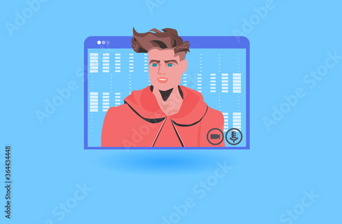 businessman having online briefing or virtual conference during video call remote work quarantine isolation concept man worker in web browser window portrait vector illustration