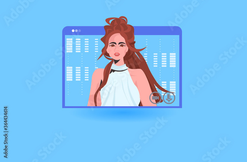 businesswoman having online briefing or virtual conference during video call remote work quarantine isolation concept business woman in web browser window portrait vector illustration