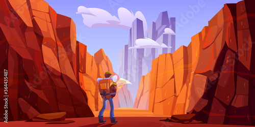 Hiker man with map on desert road in canyon with red mountains. Vector cartoon landscape of nature park with stone cliffs, rocks and tourist backpack for hiking in gorge
