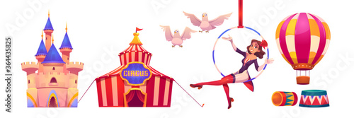 Circus stuff and artist big top tent, aerial gymnast girl sit on hoop, castle building, air balloon and white doves, amusement park decoration isolated on white background, cartoon vector illustration