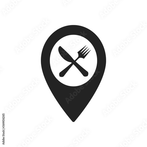 Cafe and restaurants location icon. Drop shadow map pointer silhouette symbol. Fork and spoon eatery sign inside pinpoint. Vector isolated illustration