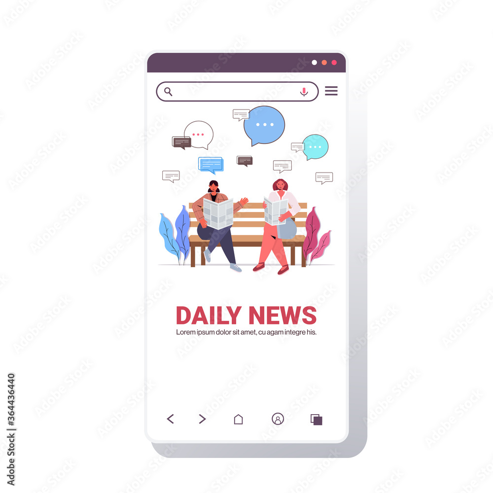 girls reading newspaper discussing daily news during meeting in park chat bubble communication concept smartphone screen full length copy space vector illustration girls reading newspaper discussing daily news during meeting in park chat bubble communication concept smartphone screen full length copy space vector illustration