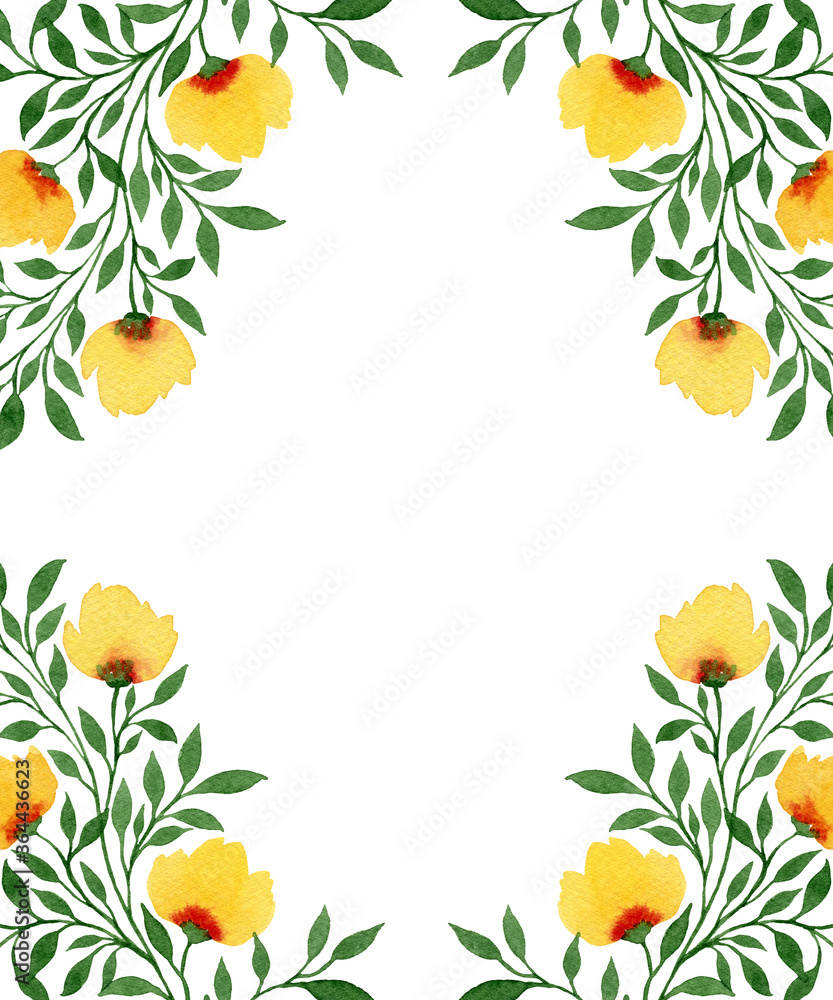 wild yellow flowers and green branches frame, great spring floral frame decoration for cards, greetings, and invitations, botanic illustration