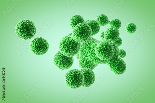 Green elastic metaball in 3d. Small molecules are separated from the liquid sphere and bound together. Virus decaying in 3d render. Bacteria under the microscope. Macro world.