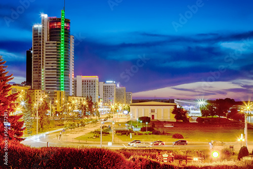 Belarus Travel Destinations. MInsk City Night View With Pobediteley Avenue and Newly Built Houses At Twilight. Minsk is a Capital of the Republic of Belarus. photo