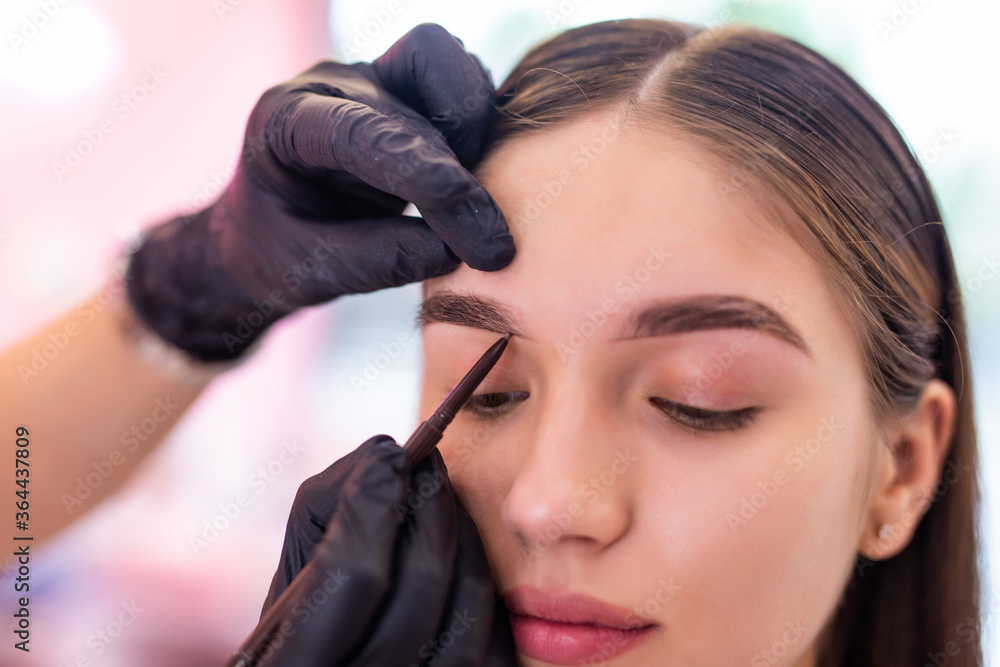 Make-up artist applies brow make-up. Beautiful woman face. Perfect make-up Make-up artist applies brow make-up. Beautiful woman face. Perfect make-up