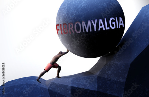 Fibromyalgia as a problem that makes life harder - symbolized by a person pushing weight with word Fibromyalgia to show that Fibromyalgia can be a burden that is hard to carry, 3d illustration photo