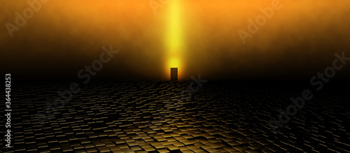 Photos 3d illustration of black closed door or monolith glowing on squared tile floor,