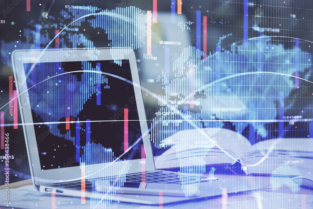 Double exposure of business theme icons and work space with computer background. Concept of success.