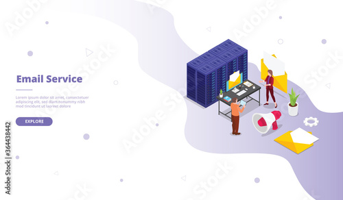 Email service man woman standing nearby data center server campaign for web website home homepage landing template banner with isometry isometric 3d cartoon flat style.