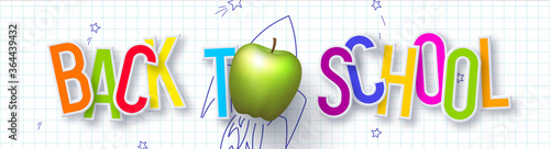 Back to school typography design. 3d text on checkered background with apple and doodle rocket. Vector illustration.