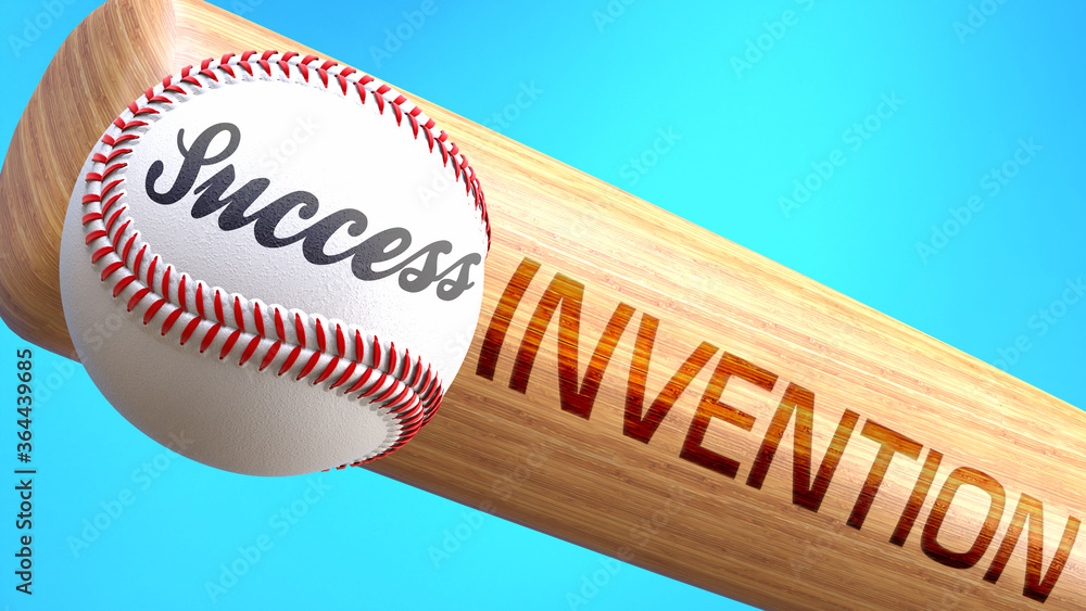 Success in life depends on invention - pictured as word invention on a bat, to show that invention is crucial for successful business or life., 3d illustration Success in life depends on invention - pictured as word invention on a bat, to show that invention is crucial for successful business or life., 3d illustration