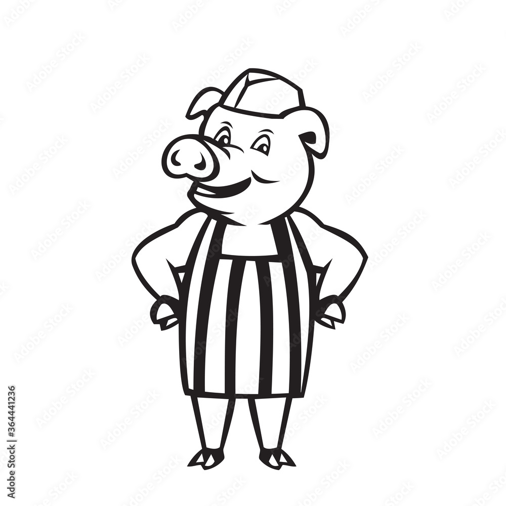 Butcher Pig Wearing Apron Hands on Hip Cartoon Black and White