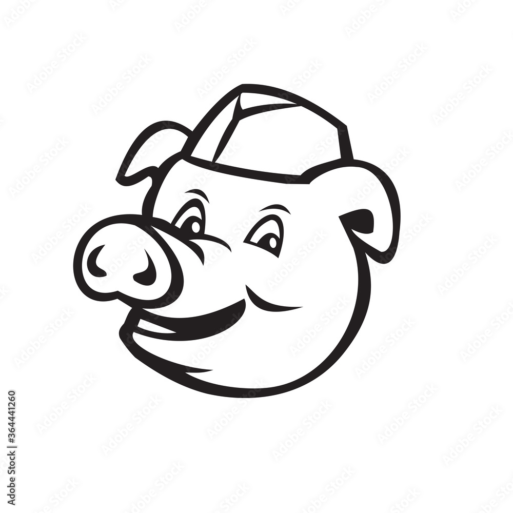 Head of Butcher Pig Wearing Hat Smiling Cartoon Black and White Head of Butcher Pig Wearing Hat Smiling Cartoon Black and White