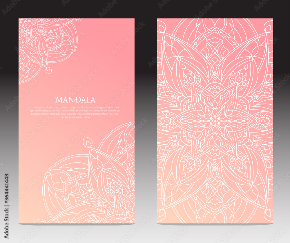 Mandala card set, elegant, vintage and decorative. Wedding invitation, thank you card. Dreamy gradient wallpaper with mandala pattern.