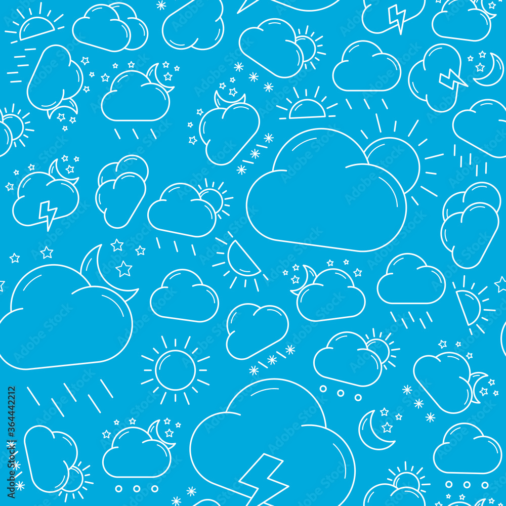 Obraz premium Weather - Vector background (seamless pattern) of snow, storm, rain, cloud, sunny, wind and moon for graphic design