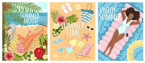 Black woman swimming on air mattress in a pool. Woman enjoy her cocktail in hammock with sea view. Summer beach vacation vector illistration. Sea holiday concept poster set