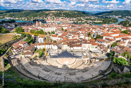 Cityscape of Vienne with the old city and aerial view of the ancient Gallo-Roman theatre in Isere France photo