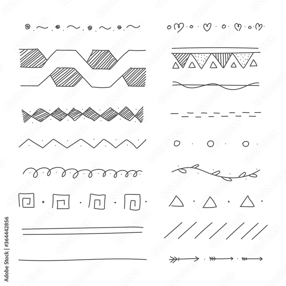 Hand drawn dividers and line border vector set isolated on a white background.