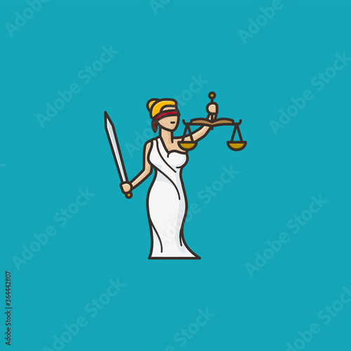 Lady Justice or Themis Femida, blindfolded with beam balance and sword, cartoon character vector illustration for World Day For International Justice on July 17. Legal services and law symbol