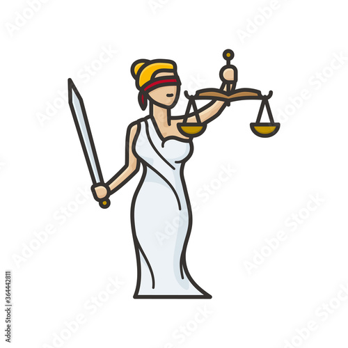 Lady Justice or Themis Femida, blindfolded with beam balance and sword, isolated cartoon character vector illustration for World Day For International Justice on July 17. Legal services and law symbol